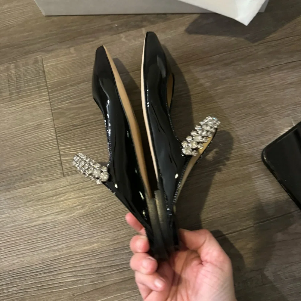 Jimmy Choo Bing Black Patent Leather Crystal Embellished Strap Flats